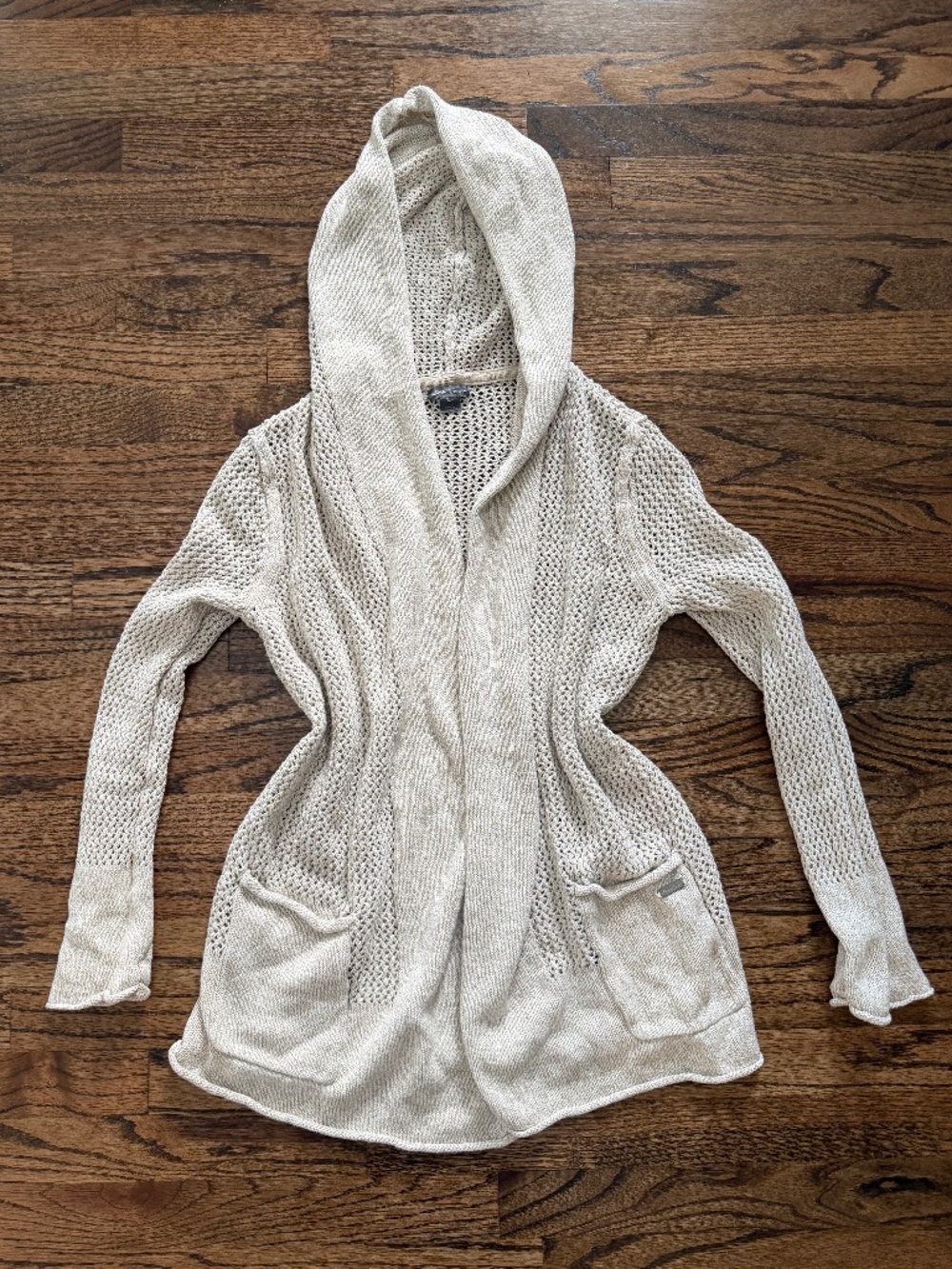 Eddie Bauer Women’s L Beige Hooded Cotton Linen Knit Open Cardigan with Pockets